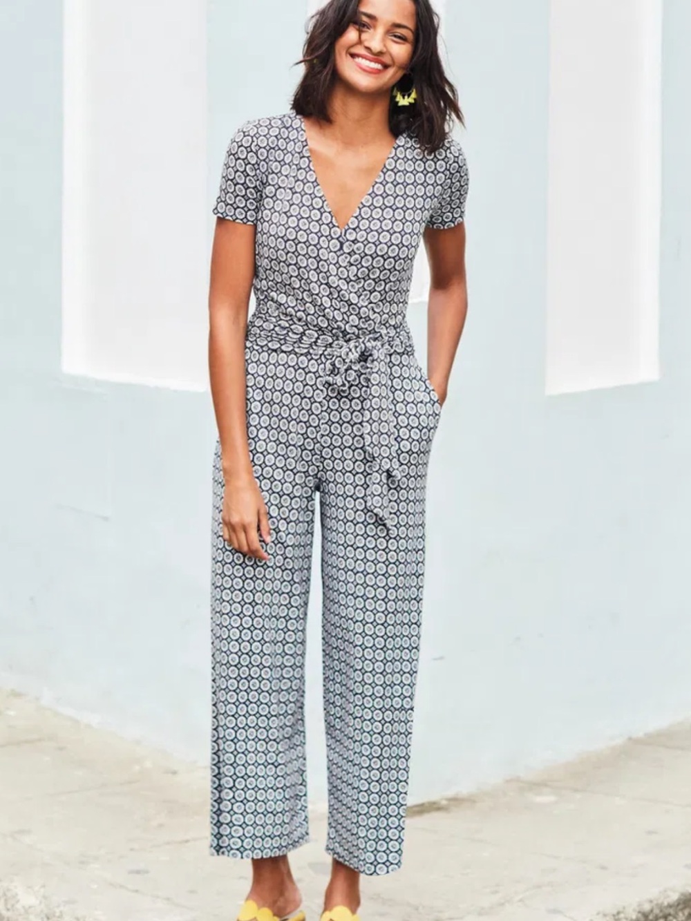 Boden, Ellen Jersey Knit Navy-White short sleeve cropped jumpsuit with tie waist
